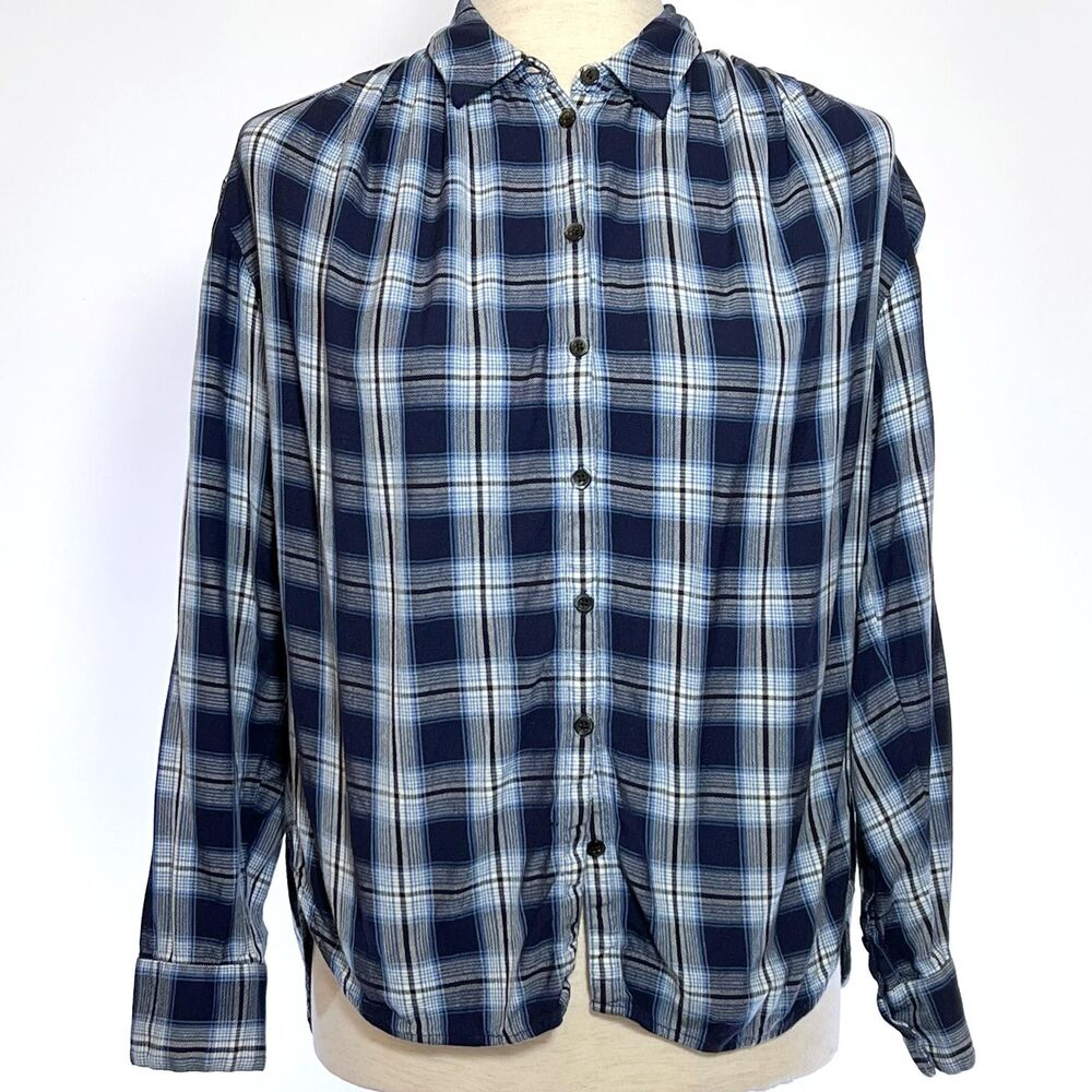 Madewell Blue Plaid Viscose Long Sleeve Shirt Women